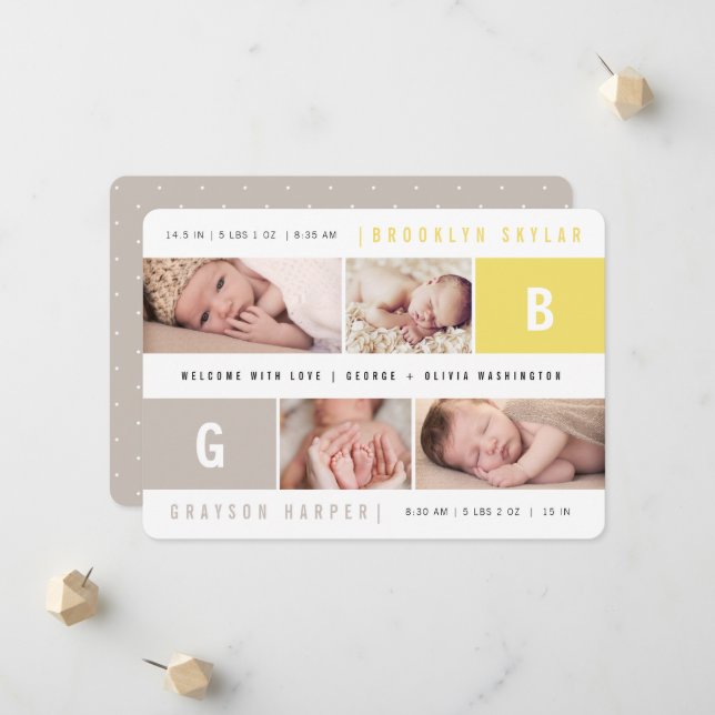 Anuncio Monogramas para Bebé Niño Niña Gemelos Amarillo 4  (Anverso/Reverso In Situ)