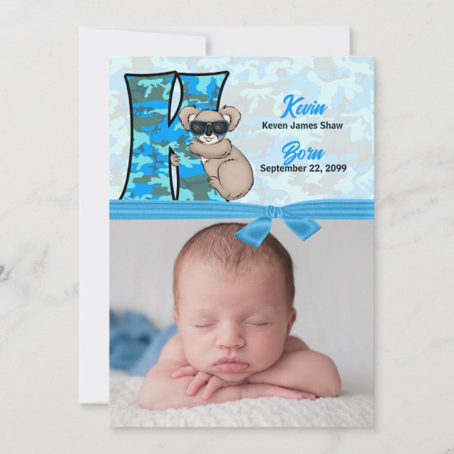 Anuncio Monogrammed K Blue Koala Photo Birth (Anverso)