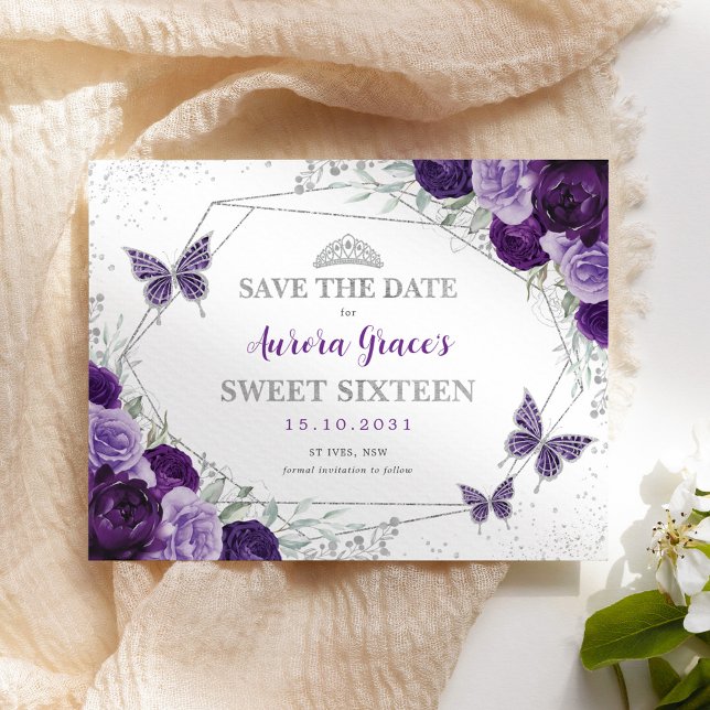 Anuncio Morado Plata Floral Dulce Dieciséis salva la fecha (Subido por el creador)