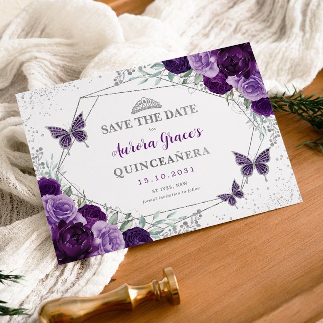 Anuncio Morado Plata Quinceanera Floral Guardar fecha (Subido por el creador)