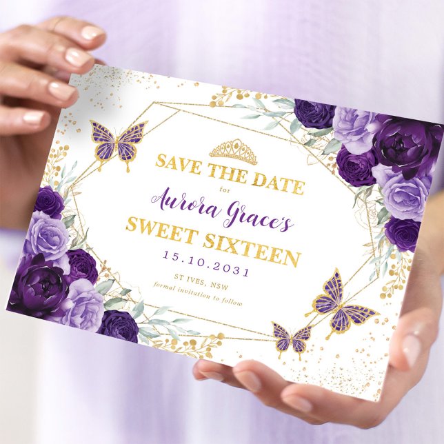 Anuncio Morple Gold Floral Sweet 16 Save the Date (Subido por el creador)