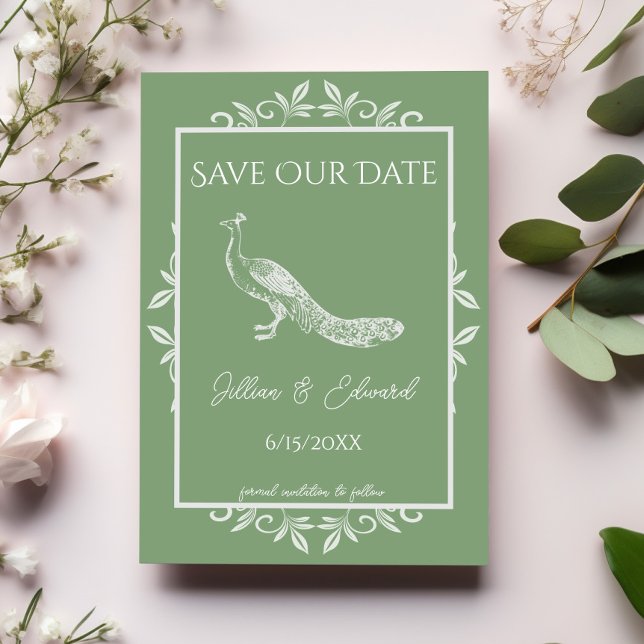 Anuncio Moss Green Peacock Florece Salvar La Fecha (Moss Green Peacock Flourish Save the Date)