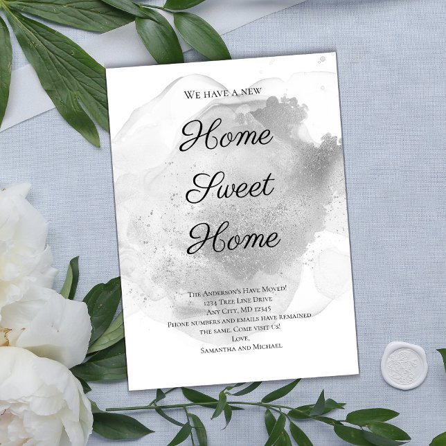 Anuncio móvil con salpicaduras de acuarela platead (Silver Watercolor Wash Splash Moving Announcement Card. Printed or Instant digital download)