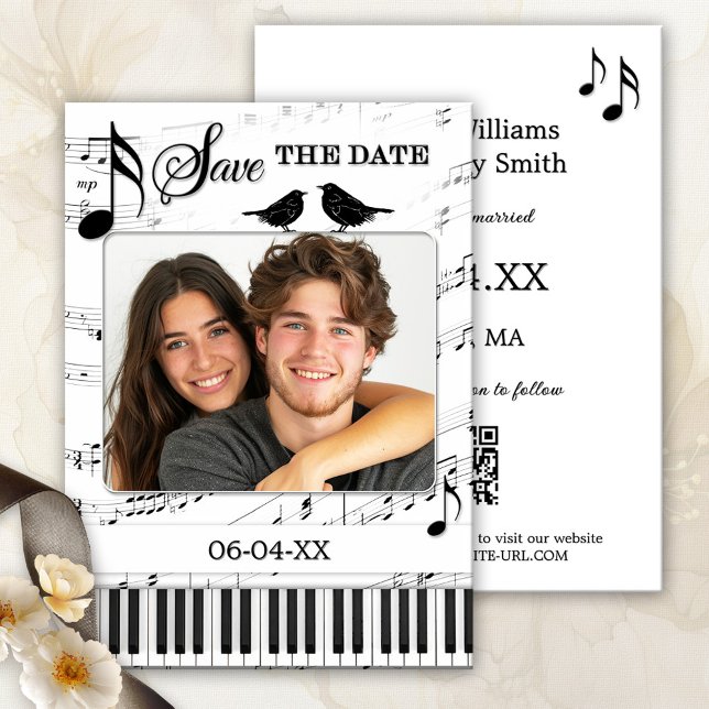 Anuncio Música divertida foto en blanco y negro salva la f (Funny and whimsical black and white Save the Date card with a music theme and custom photo)