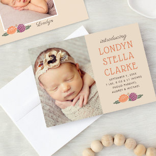 Anuncio Nacimiento beige floral de la foto de la niña del