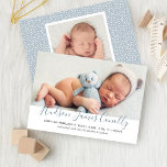 Anuncio Nacimiento de foto de niño con guión azul moderno<br><div class="desc">Una simple y moderna tarjeta de presentación de fotos de nacimiento presenta a tu hermoso bebé recién nacido con una foto de paisaje en la parte delantera y una foto cuadrada extra en la parte trasera. Personalice el guión moderno escrito a mano con el nombre completo del bebé y personalizar...</div>