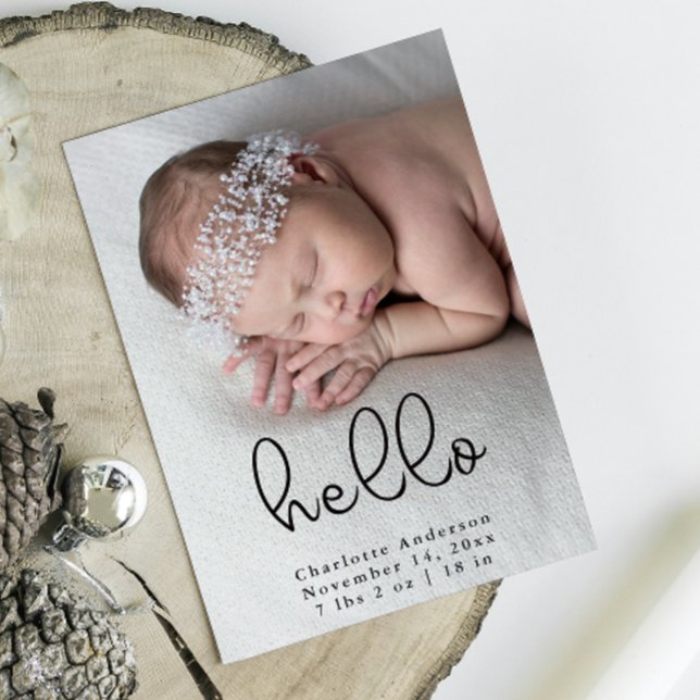 Anuncio Nacimiento de la caligrafía fotográfica neonatal m (Baby Photo Modern Elegant Calligraphy Birth Announcement Front view)