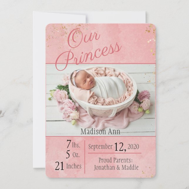Anuncio Nacimiento de la foto de una bebé rosada princesa (Anverso)