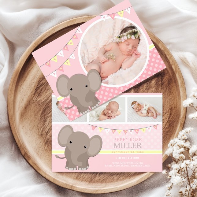 Anuncio Nacimiento de la foto de una niña elefante (Photo Baby Girl Birth Announcement with Elephant)