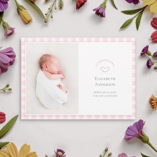 Anuncio Nacimiento de niña con gingham rosa bebé elegante  (Subido por el creador)
