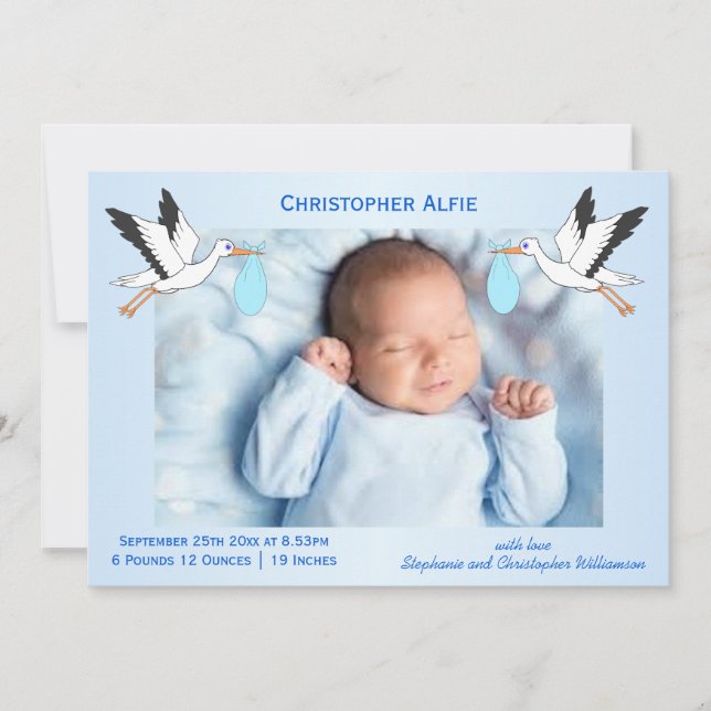 Anuncio Nacimiento de niño bebé con diseño de cigüeña (Anverso)