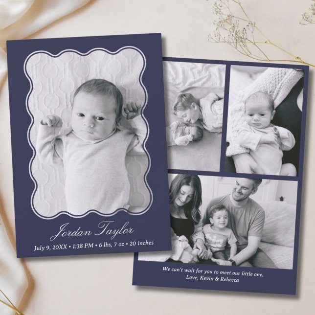 Anuncio Nacimiento de recién nacidos azul de la marina mín (Modern Minimal Navy Blue Newborn Baby Birth Announcement)