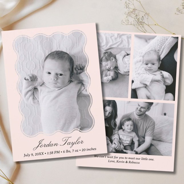 Anuncio Nacimiento de recién nacidos de color rosa pálido  (Modern Minimal Light Pink Newborn Baby Birth Announcement)