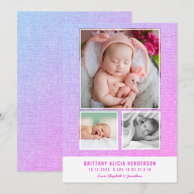 Anuncio Nacimiento de un Collage de fotos púrpura rosado m (Anverso / Reverso)