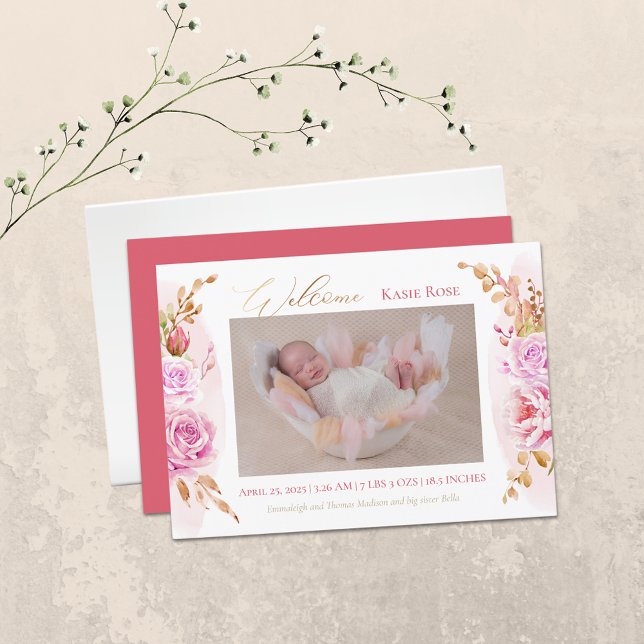Anuncio Nacimiento floral Rosa elegante de foto bebé (Subido por el creador)