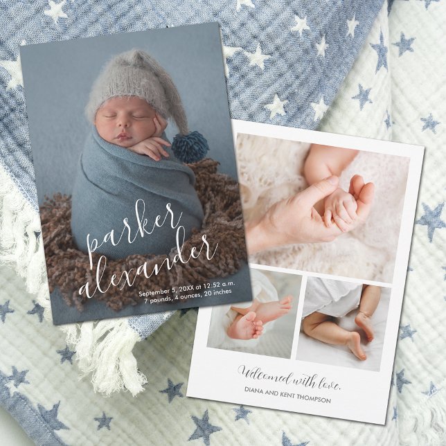 Anuncio Nacimiento moderno en el Collage de fotos del bebé (Baby Photo Collage Modern Birth Announcements)
