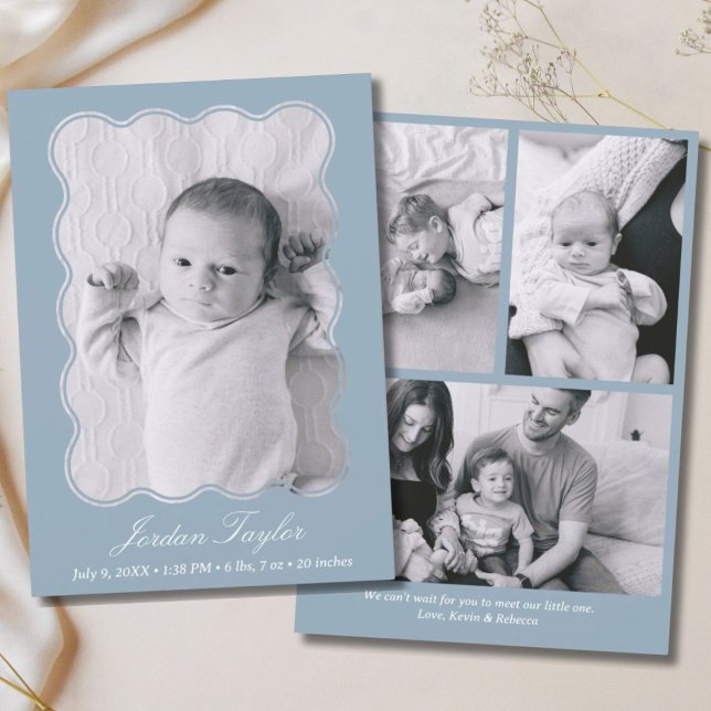 Anuncio Nacimiento moderno mínimo y turbio azul recién nac (Modern Minimal Dusty Blue Newborn Baby Birth Announcement)