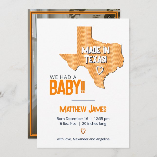 Anuncio Naranja Herringbone hecho en Texas Photo Baby (Anverso / Reverso)