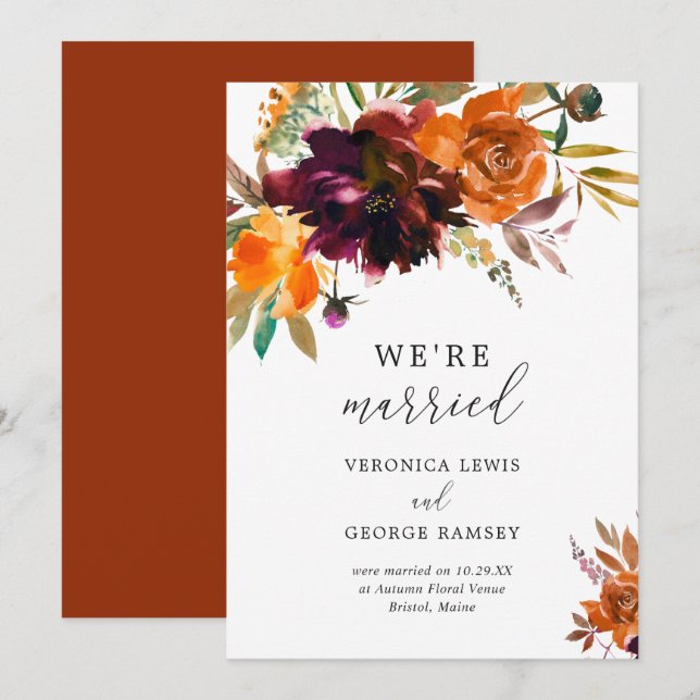 Anuncio Naranja quemado Burgundy Cae Boda Rústico Floral (Anverso / Reverso)