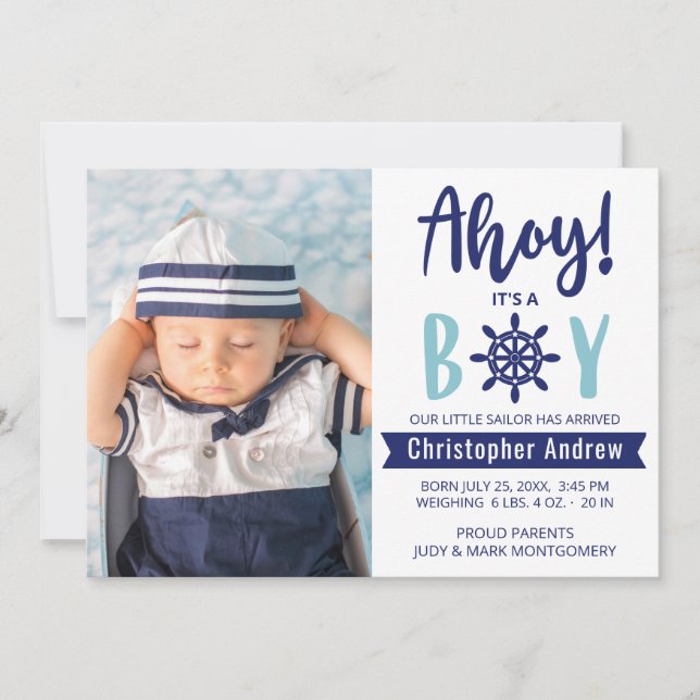 Anuncio Nautical Baby Birth Foto Ahoy es un niño azul (Anverso)