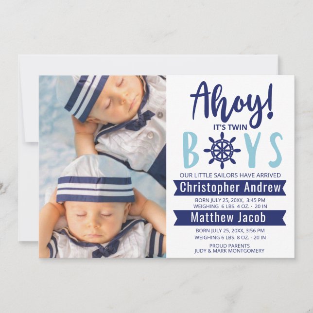 Anuncio Nautical Baby Birth Photo Ahoy es Twin Boys Anno (Anverso)