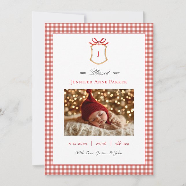 Anuncio Navidades Monogrammed de Cute Gingham Birth (Anverso)