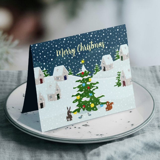 Anuncio Navidades pueblo de nieve con lindos animales (Christmas snow village with cute animals custom card, personalize it with your photo and text.)