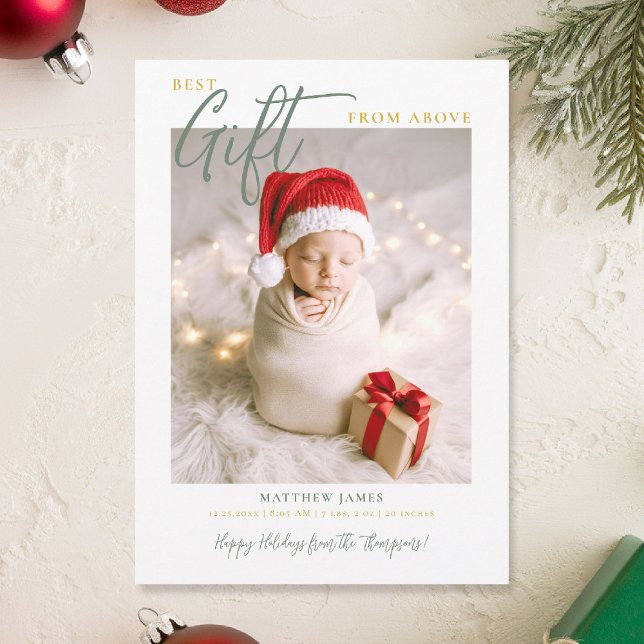 Anuncio Navidades regalan caligrafía moderna foto verde de (best gift from above baby christmas card minimalist simple photo calligraphy elegant green gold)