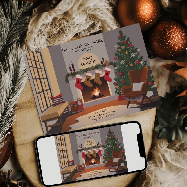 Anuncio Navidades Retro Acogedores Sala De Estar En Movimi (Retro Cozy Christmas Monogram Stockings Card .. Holiday Moving Announcement by Darling & May)
