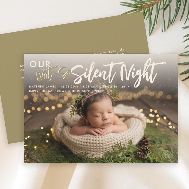 Anuncio Navidades sin silencio Noche Oro Gracioso Foto par (christmas family card baby announcement not so silent night cute funny humorous gold)
