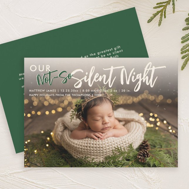 Anuncio Navidades sin silencio Noche verde fama foto bebé (christmas family card baby announcement not so silent night cute funny humorous green)