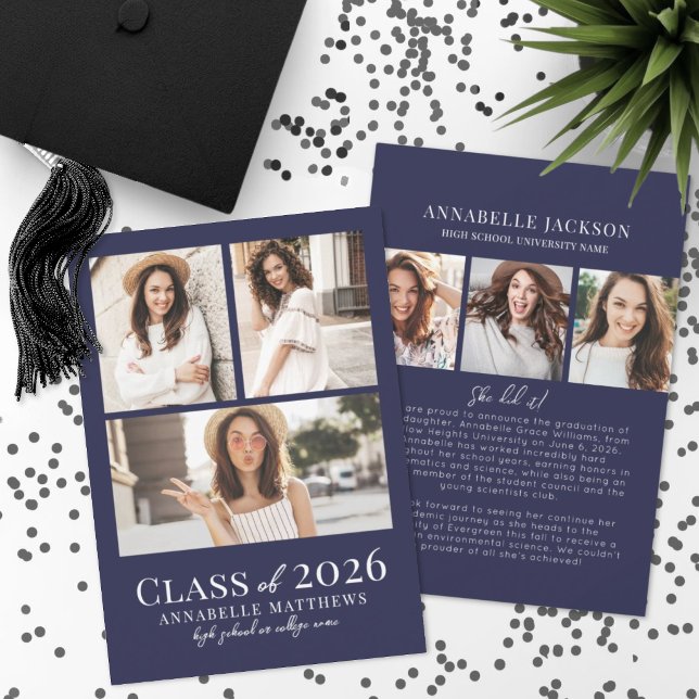 Anuncio Navy Blue Photo Collage Graduation (Navy Blue Photo Collage Graduation Announcement )