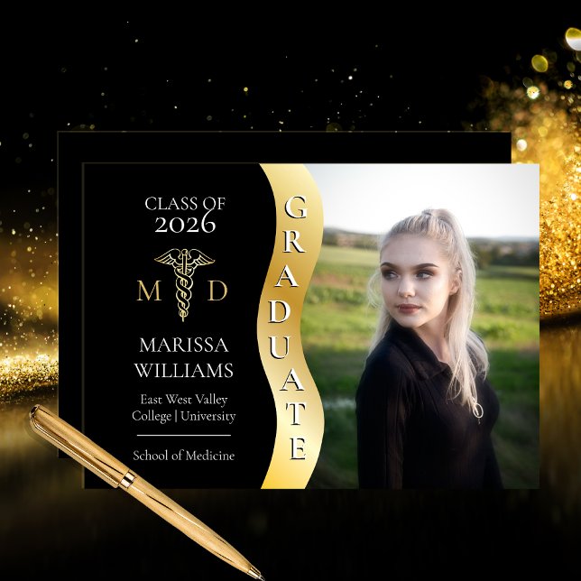 Anuncio Negro |Grado médico de graduado de Ola de Oro Cadu (Black and Gold Tone Graduate Wave Caduceus MD Medical Graduate Grad Announcement -- Print | Digital )