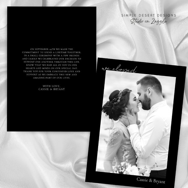 Anuncio Negro y blanco elegimos Boda moderno elegante (Modern Minimal Black and White We Eloped Wedding Announcement)