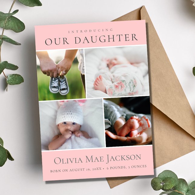 Anuncio Niña Rosa 4 Nacimiento de Collage de fotos (Introducing Our Daughter 4 Photo Baby Birth Announcement)