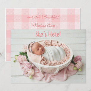 Anuncio Niña Rosa Gingham Plaid Cute Nacimiento Moderno