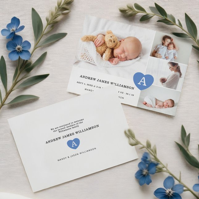 Anuncio Niño Collage de fotos simple Monograma azul Corazó (Simple Baby Boy Photo Collage Blue Monogram Heart Announcement)
