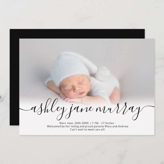 Anuncio Nombre guión foto del corazón bebé neutro negro (Anverso / Reverso)