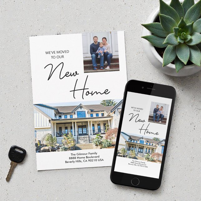 Anuncio Nos hemos mudado a nuestra nueva casa con fotos pe (Custom photos "We've moved to our New Home" family moving announcement card.)