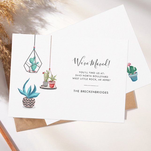 Anuncio Nos hemos mudado Boho Chic Mudanza (Change of Address New Roots Moving Announcement Boho Potted Cacti Plants)