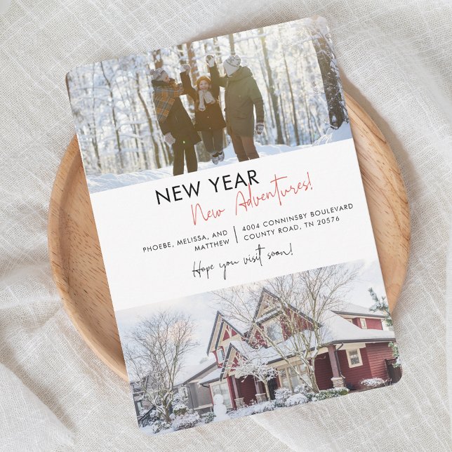 Anuncio Nos hemos mudado para dirigirnos a las aventuras d (New Year Moving Announcement with Family Photo)