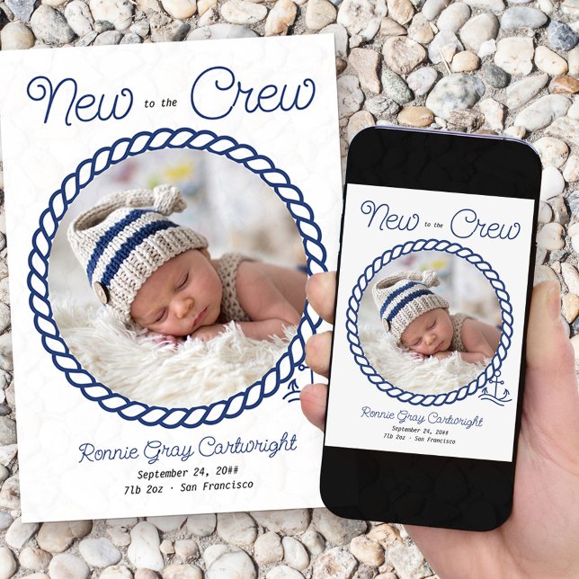 Anuncio Novedad al nacimiento del presentador Náutico Azul (Nautical baby birth announcement with 2 of your photos and "new to the crew wording")