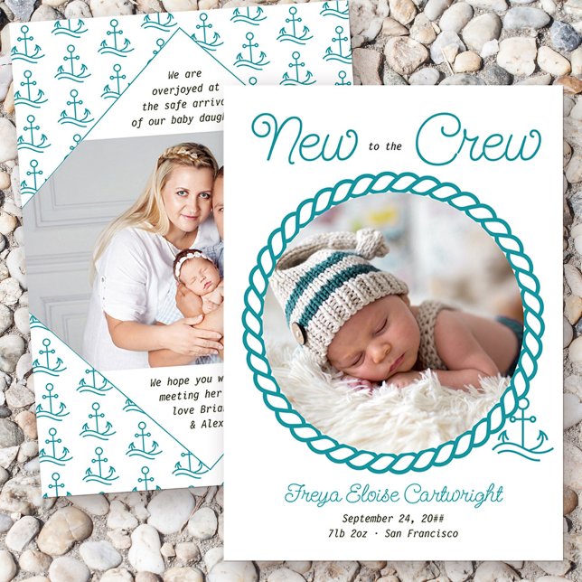 Anuncio Novedad para el nacimiento de un presentador Verde (Nautical baby birth announcement with 2 of your photos and "new to the crew wording")