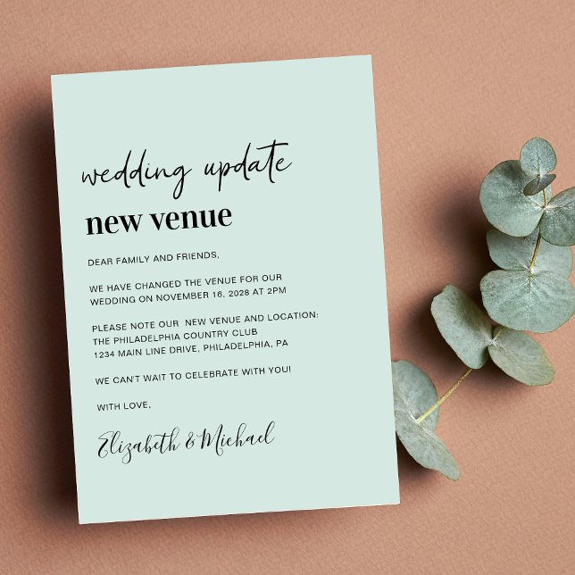 Anuncio Nueva actualización de Boda de la Fábrica de la Mo (A chic change of venue announcement. Our user-friendly template allows you to easily customize)