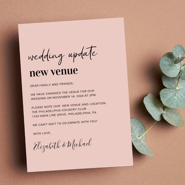 Anuncio Nueva actualización del Boda rosado Rubor (A chic change of venue announcement. Our user-friendly template allows you to easily customize)