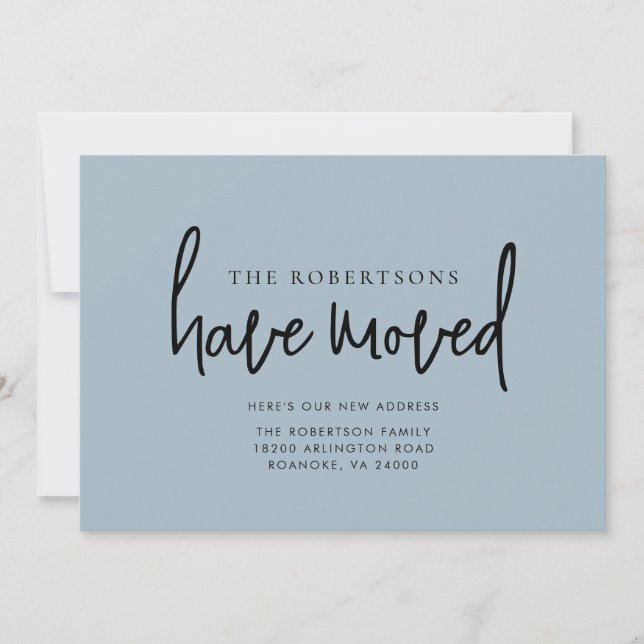 Anuncio Nueva dirección caligrafía moderna Dusty Blue Movi (Anverso)