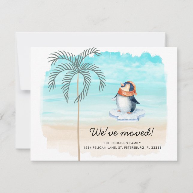 Anuncio Nueva dirección Cute Pingüino Florida Beach Fun Mo (Anverso)