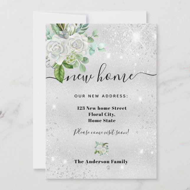 Anuncio Nueva dirección residencial plateada floral (Anverso)