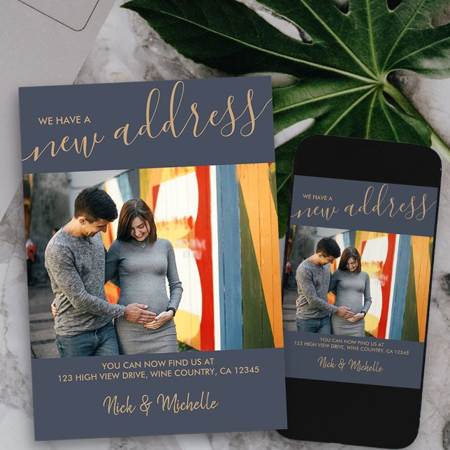 Anuncio Nueva foto de dirección y elegante guión azul movi (modern photo new address card available printed or as printable digital download)
