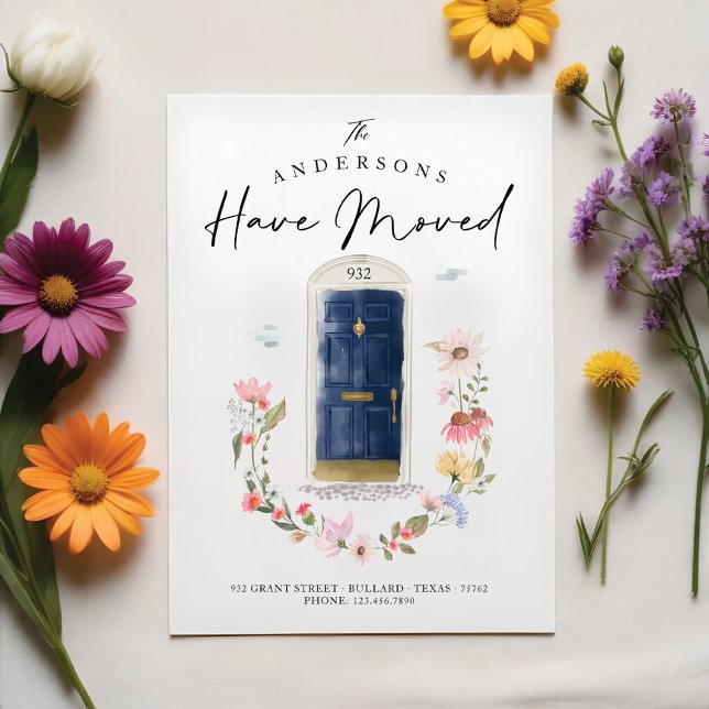 Anuncio Nueva puerta de acuarela de la marina de casa flor (New Home Navy Watercolor Door Wildflower Floral Announcement)